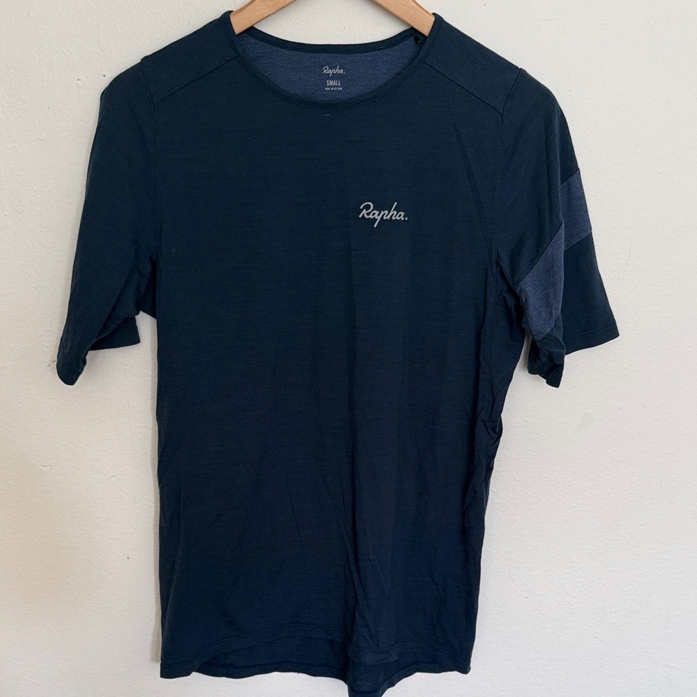 Rapha S Trail Merino Short Sleeve Tee Shirt Dark Blue arm stripe great cond